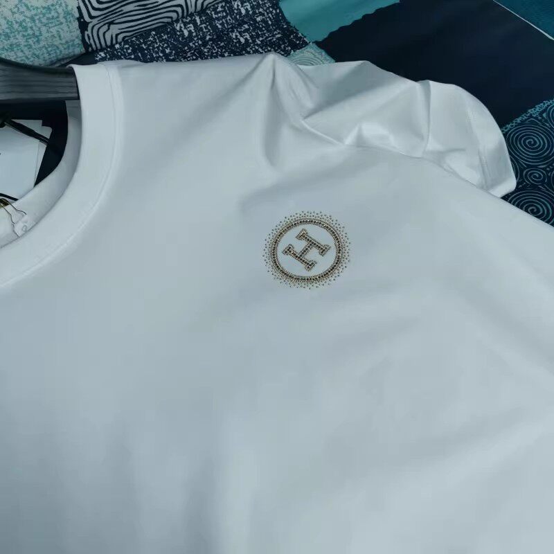 欧洲站潮牌冰丝滑丝光棉短袖T恤男H烫钻薄款半袖潮流修身打底衫新
