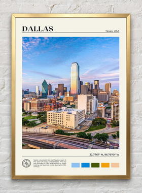 美国得克萨斯达拉斯天际线墙面装饰画都市旅行感小众艺术挂画