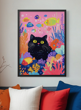 萌猫乐享音乐时光沙发背景墙挂画电表箱客厅装饰画卧室儿童房插画