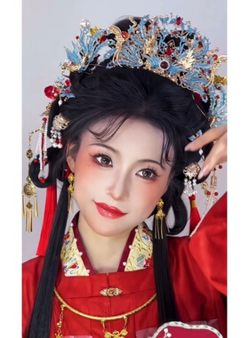 古风良缘夙缔发饰婚冠手工烧蓝明制汉服发冠发簪发钗新娘婚嫁套装