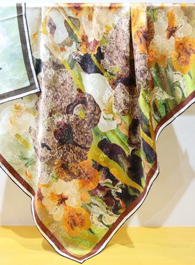 油画鸢尾花双面花萝提花重磅真丝110大方巾围巾丝巾披肩高档礼品