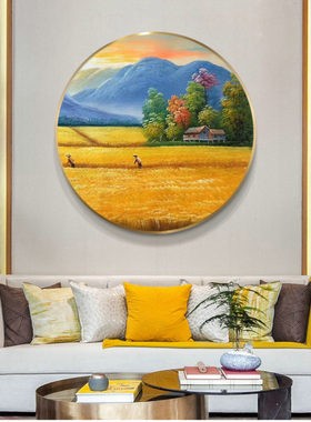圆形丰收田园风餐厅玄关手绘油画