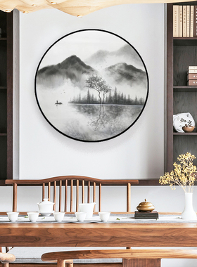 新中式手绘油画圆形山水画风景画