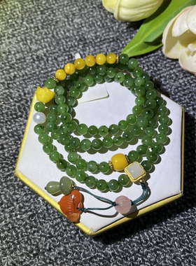 天然碧玉圆珠6mm四圈手链女搭配蜜蜡南红如意吊坠潮流百搭多圈