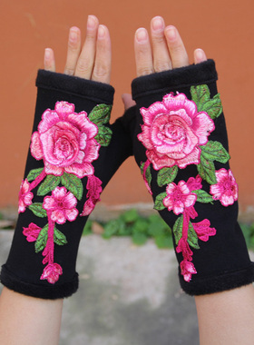 秋冬杨丽萍同款云南民族立体刺绣花加厚双层保暖手套护腕时尚百搭