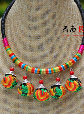 云南民族风复古手搓腊线刺绣花小球球短款锁骨项链项圈个性发饰品