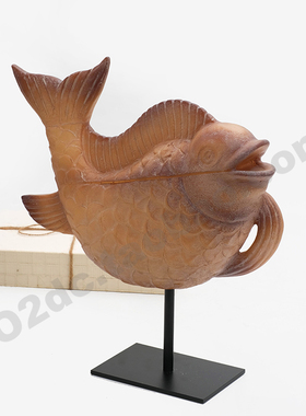 中古南洋风树脂雕塑摆件年年有鱼样板间售楼处玄关软装饰品