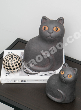 中古侘寂风水泥大眼猫装饰摆件