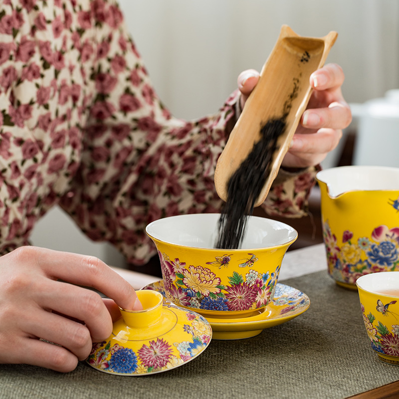 精致珐琅彩功夫茶具茶杯套装家用陶瓷简约盖碗茶壶办公室泡茶礼品