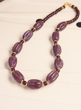 紫碧玺色长莲子老琉璃珠