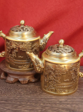 纯黄铜茶壶龙凤壶百福仿古拉丝茶水壶家居装饰品古玩收藏做旧