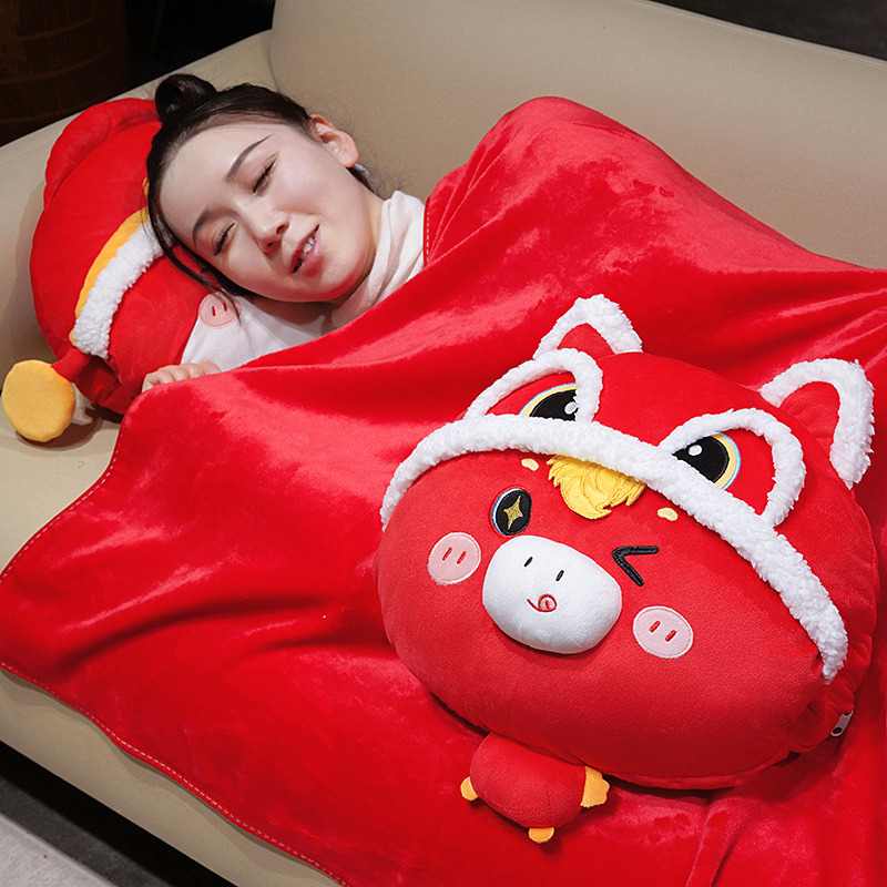醒狮小马驹抱枕马年吉祥物三合一抱枕被子两用办公室午睡毯枕头女 - 图0