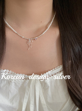 韩国气质 S925纯银施家珍珠碎银子蝴蝶结合成立方氧化锆爱心项链