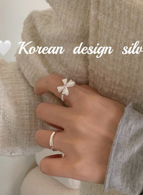 韩国南大门银饰品 S925纯银蝴蝶结拉丝粉钻戒指开口可调节指环女