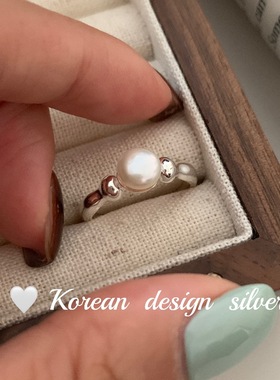 韩国ins风饰品 S925纯银骨节淡水珍珠戒指 小众设计级感指环女