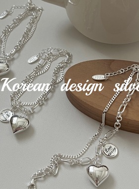 韩国小众精致高级感ins手饰品 S925纯银重工双层爱心英文圆牌