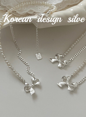 2o24新轻奢小众不对称侧身珍珠锁骨链简约高级925纯银蝴蝶结项链