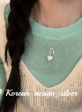 韩国小众ins风饰品  S925纯银蝴蝶结爱心贝珠项链 极简冷淡级感