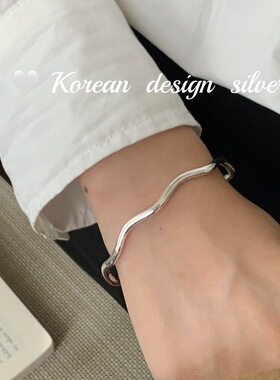 韩国重工亮银ins风饰品 S925纯银波浪手环个性小众设计韩版手镯