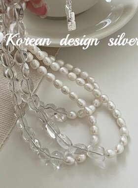 韩国ins小众设计锁骨链 S925纯银ab款水晶天然珍珠项链高级气质