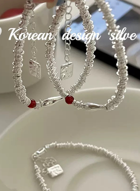 韩版日系设计红玛瑙手工饰品S925纯银精巧花瓶银圈圈手链简约小众