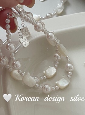 韩国设计感ins风手工款 S925纯银猫猫头贝壳珍珠拼接手链创意