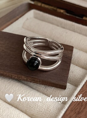 韩国东大门小众设计银饰品 S925纯银三层黑玛瑙开口戒指 高级感