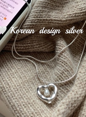 韩国ins博主同款饰品 S925纯银爱心形珍珠双层设计毛衣链 女项链