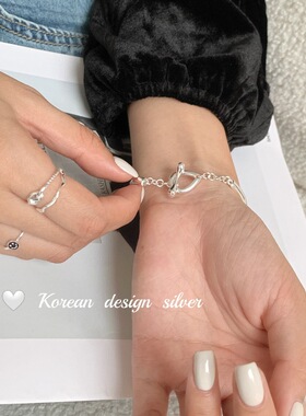 韩国小众独特精致 重工手环亮银质感时尚ot扣链条拼接925纯银手镯