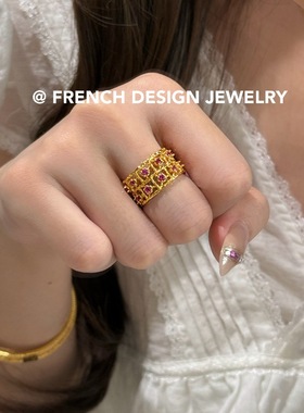 超美法式轻奢镂空方格合成立方氧化锆戒指S925纯银小众设计优雅