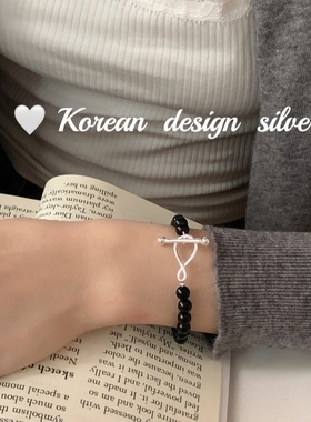 韩国ins风饰品 S925纯银手工白水晶黑玛瑙绳套扣手链 2o24新款女