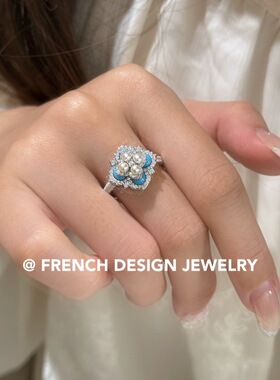 法式轻奢高级感布契风饰品S925纯银四叶花珍珠松石戒指气质优雅女