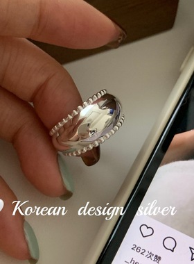 韩国简约宽版亮银指环 S925纯银精致麻花边边戒指ins叠戴高级感
