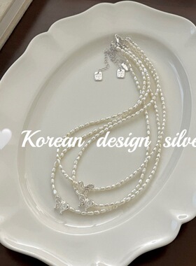 韩国ins风时尚银饰品 S925纯银蝴蝶淡水珍珠项链优雅气质清新百搭