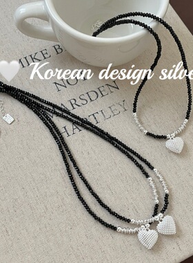 韩国2025年秋冬新款 S925纯银镂空蕾丝爱心切面黑玛瑙碎银子项链