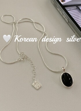 韩国东大门银饰 S925纯银椭圆黑玛瑙项链 简约小众设计ins女