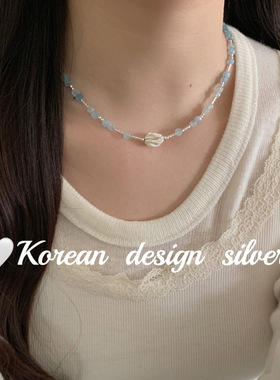 韩版简约手工小众设计银饰品S925纯银 海蓝宝项链女叠戴高级感女