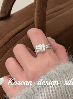 韩版东大门ins个性冷淡风银饰品 S925纯银简约双层绳结戒指高级