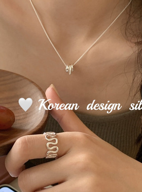 韩国简约设计高级饰品S925纯银抽象波浪大版戒指女开口指环可调节