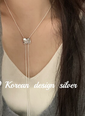 韩国东大门2025年秋冬新款项链 S925纯银几何形肌理抽拉毛衣链女