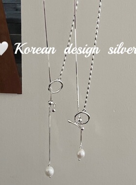 韩国ins风博主同款饰品 S925纯银秋冬ab款OT扣珍珠可调节项链优雅
