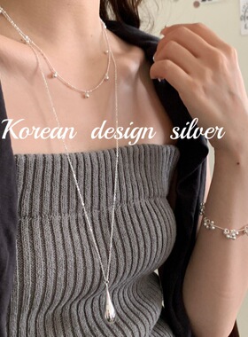 韩版秋冬新款ins风银饰品 S925纯银极简亮银重工水滴项链毛衣