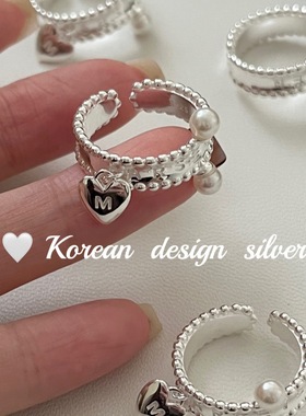 韩国小众设计饰品 S925纯银爱心形贝珠戒指 开口可调节级感指环