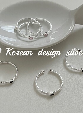 韩国小众ins风 S925纯银椭圆粉水晶黑合成立方氧化锆华夫格戒指