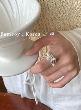 韩国东大门小众设计 S925纯银交错线条多珍珠戒指ins精致百搭女款
