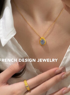 法式小众布契风拉丝饰品S925纯银拉丝椭圆海蓝宝项链气质优雅温柔