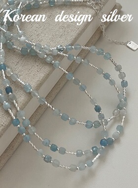 韩国ins风小众设计银饰品 S925纯银切面海蓝宝车花管项链百搭款女