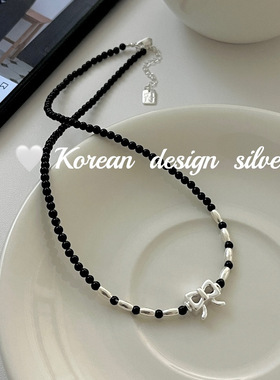日韩版ins风设计手工饰品 S925纯银蝴蝶结黑碧玺项链女叠戴秋冬款