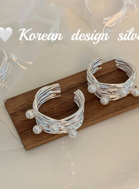 韩国ins风简约百搭亮银饰品 S925纯银交错线条多珍珠戒指小众设计