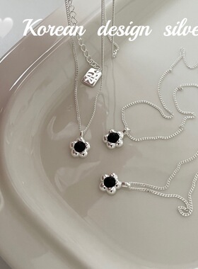 韩国ins风简约时髦百搭亮银饰品 S925纯银花朵黑玛瑙项链百搭
